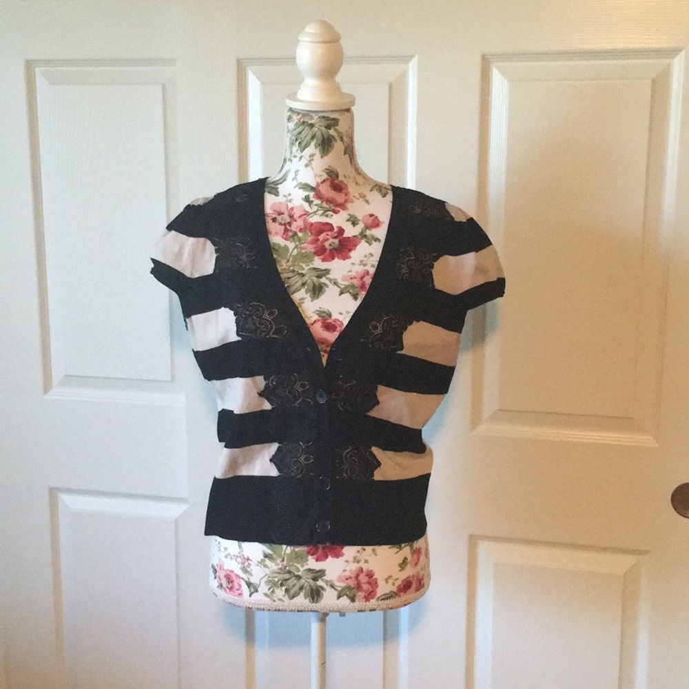 INC Striped cardigan with lace detail.
